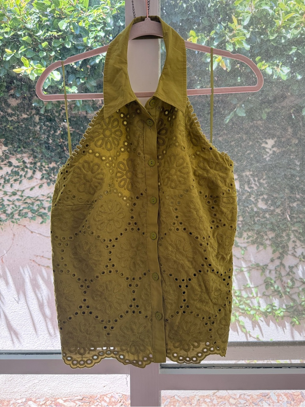 Gorgeous Chartreuse Ryegrass Eyelet Lace Collared 100% Cotton Halter Top